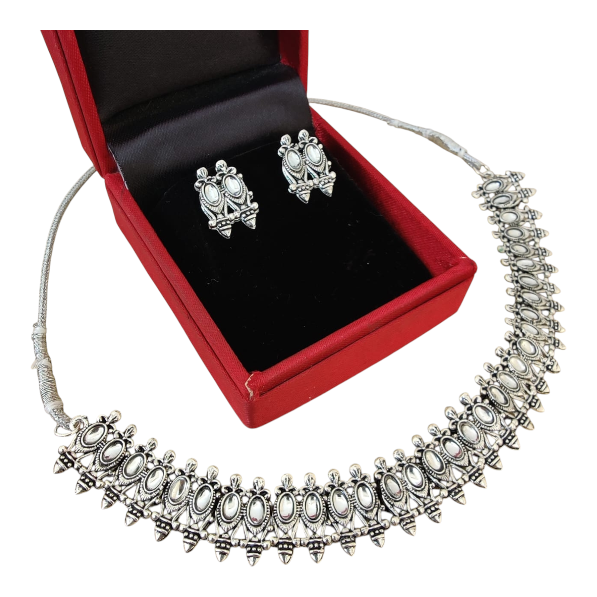 Antique Silver Motif Necklace and Earring Set