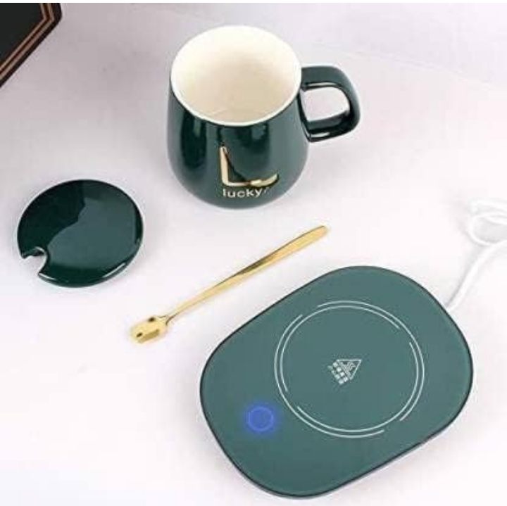 VEKSOR Ceramic Coffee Mug,Coffee Mug Cup with Lid and Spoon,Cappuccino Mug Smart Cup Heater for Coffee, Milk, Tea, Cocoa, Water, Home and Office Use Cup Spoon